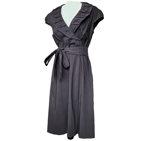 Le Chateau black midi dress with sash rushed shawl collar faux wrap 14/XL/XXL - Picture 4 of 16